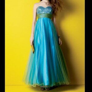 Sz L (fits 10ish) David's Bridal Turquoise & Lime Green Tulle Strapless Ballgown